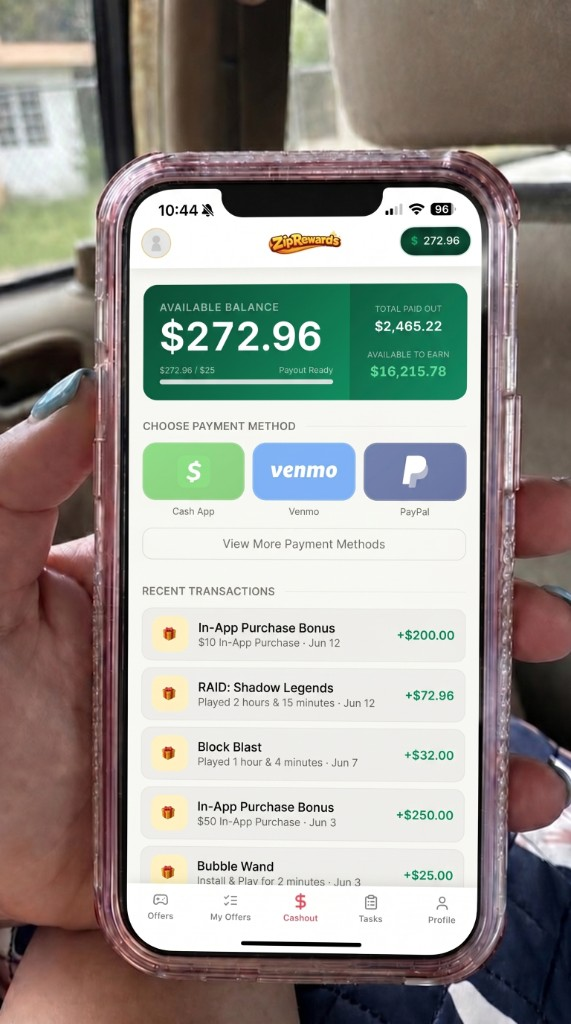 ZipRewards app showing available balance